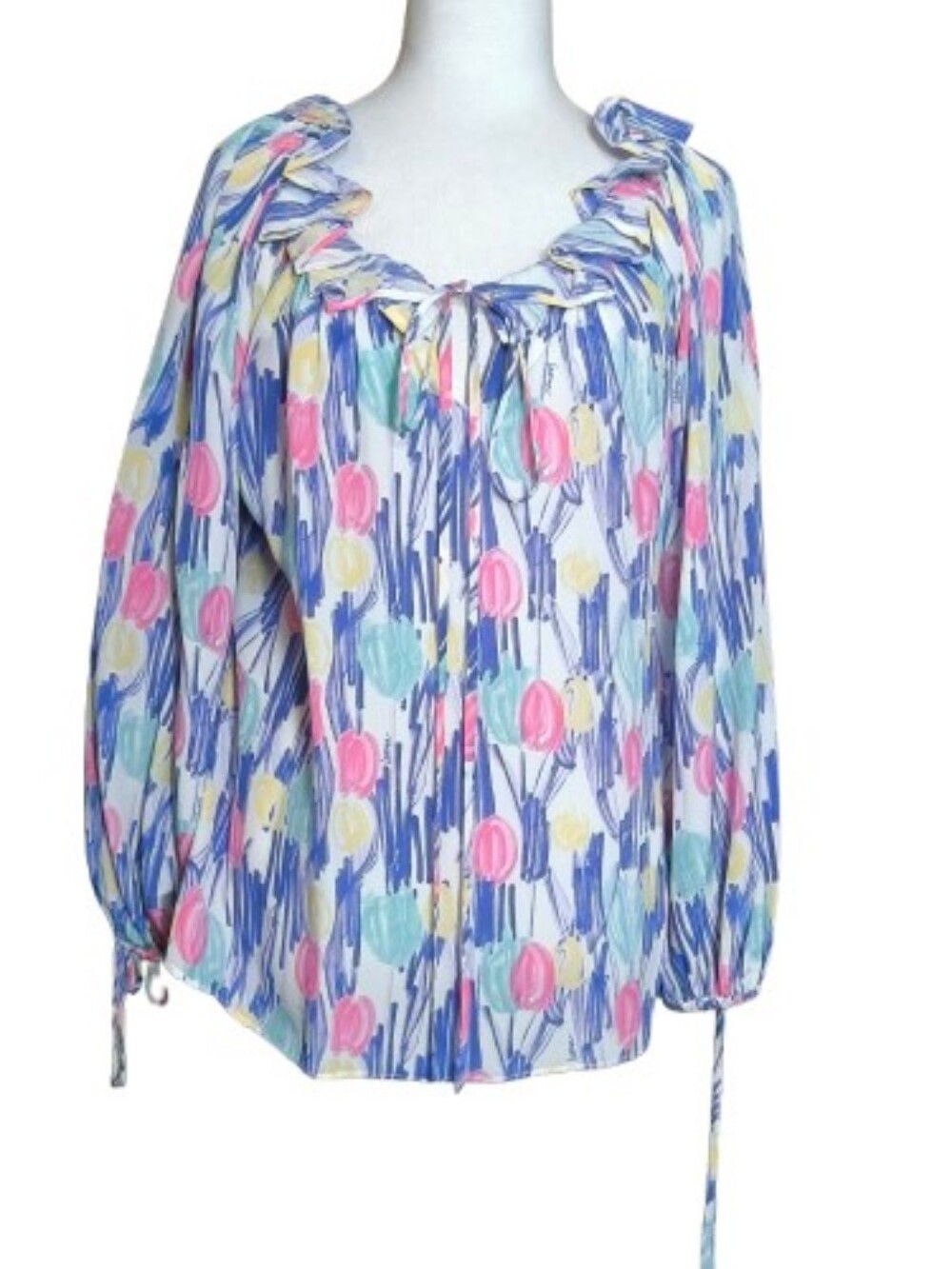 Lena by Lauren Leonard 100% Silk Tulip Print Peasant Blouse XS Cottagecore...